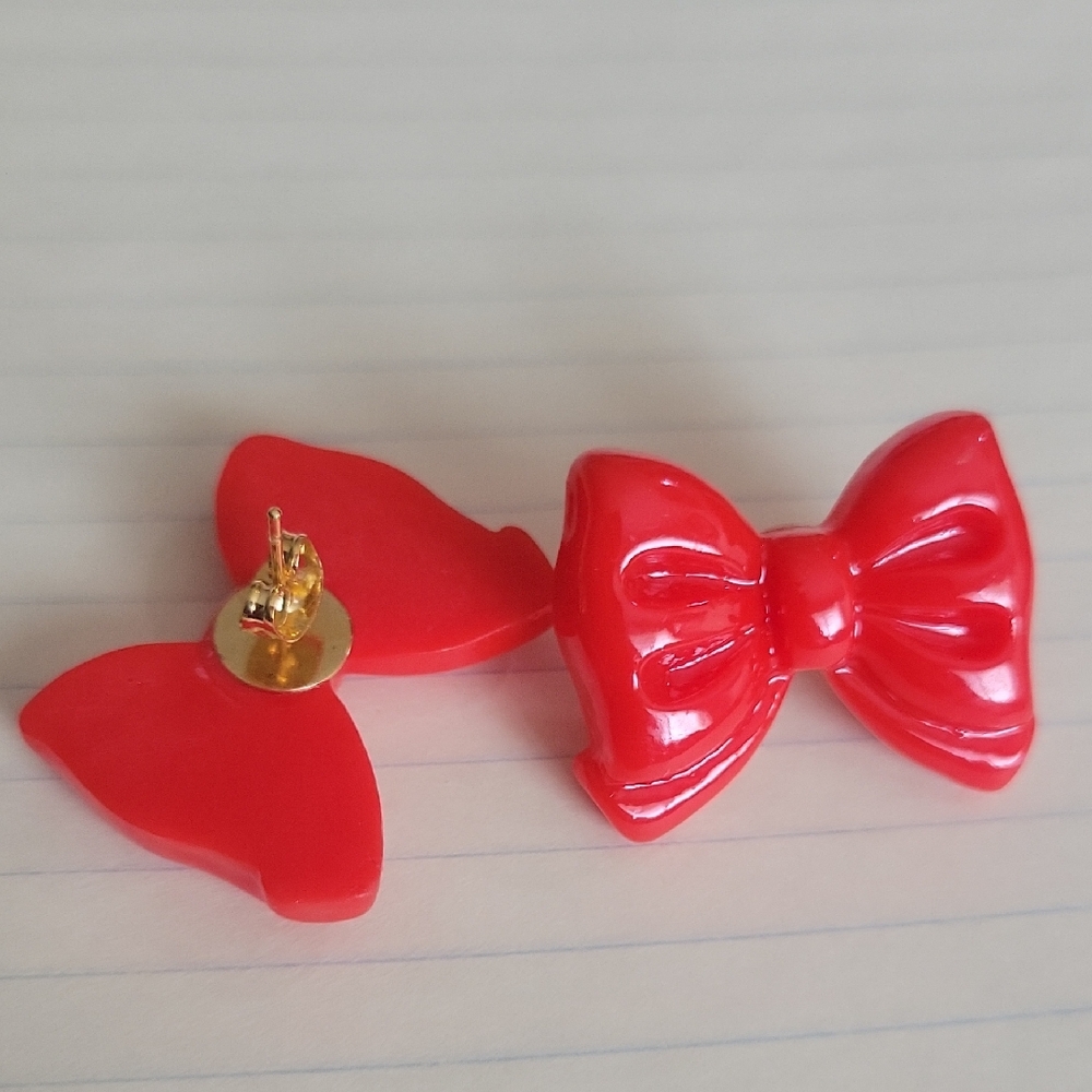Red Bow Statement Stud Earrings - Glossy Bow Design